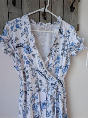 Guess White Midi Wrap Dress with Blue Floral Print